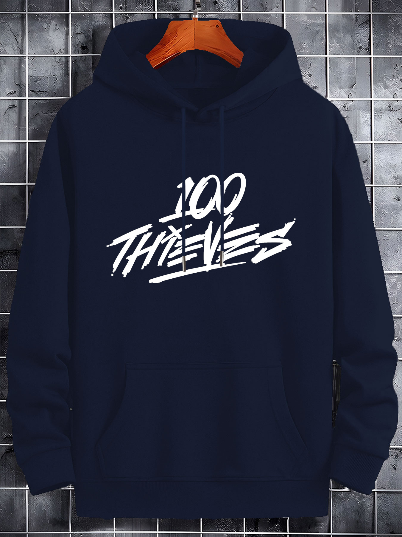 Men'S Navy Blue "100 Thieves" Graphic - Soft Polyester Blend, Long Sleeve Pullover with Front Pockets, Ideal for Fall & Winter, Casual 