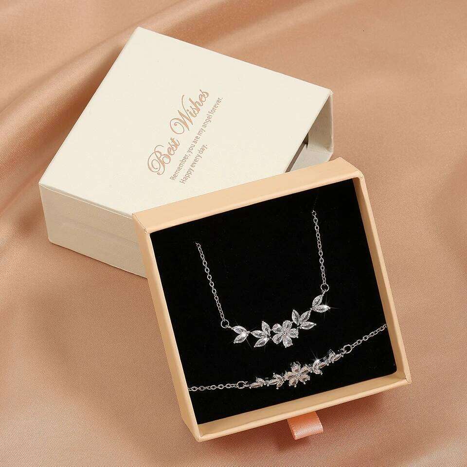 ZAKOL Elegant Shiny Zircon Leaf Flower Charm Bracelet Necklace Packing Box 3 Pcs Set Unique Jewelry Gifts for Women