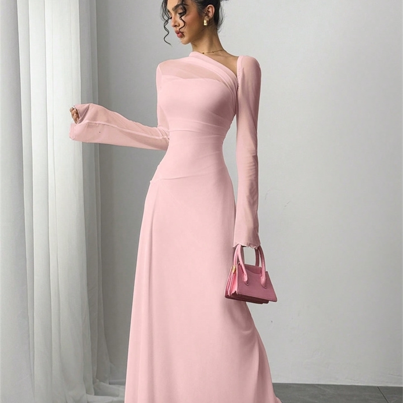 springsummer womens pink tulle explosion slim irregular diagonal shoulder ultra long dress 251219
