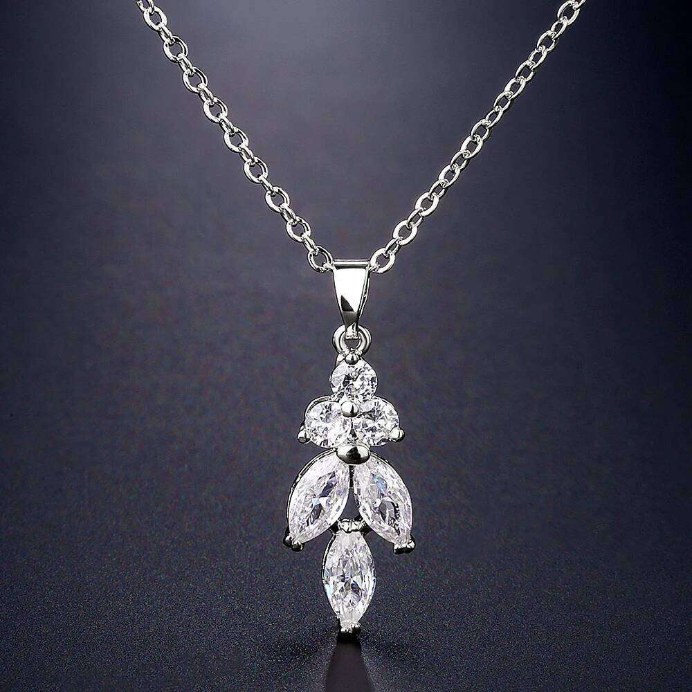 Classic Shinny Cubic Zirconia Leaf Dangle Earrings Necklace Set for Women Elegant Bridal Wedding Party Jewelry Dress