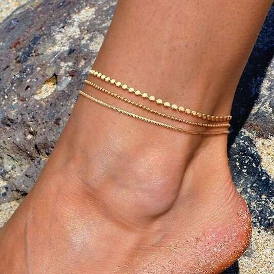Cross-Border Bohemian Style Three-Piece Foot Jewelry Set Stainless Steel Beach Blade Bead Chain Multi-Layer Versatile Anklet
