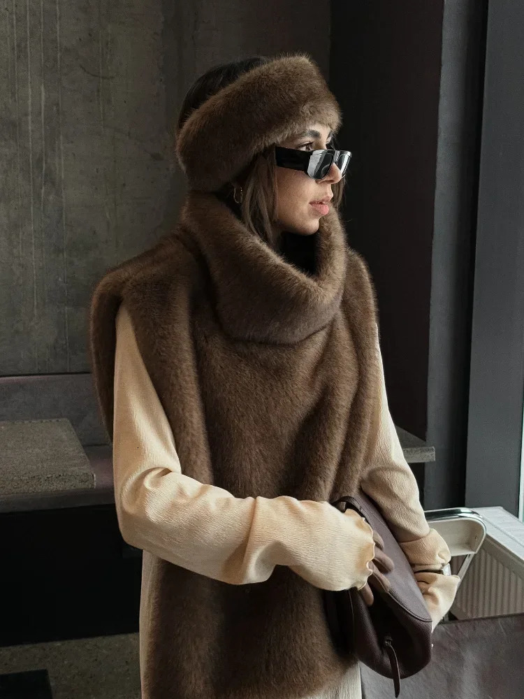 Turtleneck Eco Mink Fur Tank Tops Women Autumn Winter Sleeveless Fluffy Jacket Coat 2026 Fashion Faux Fur Sable Vest Crop Top 251225