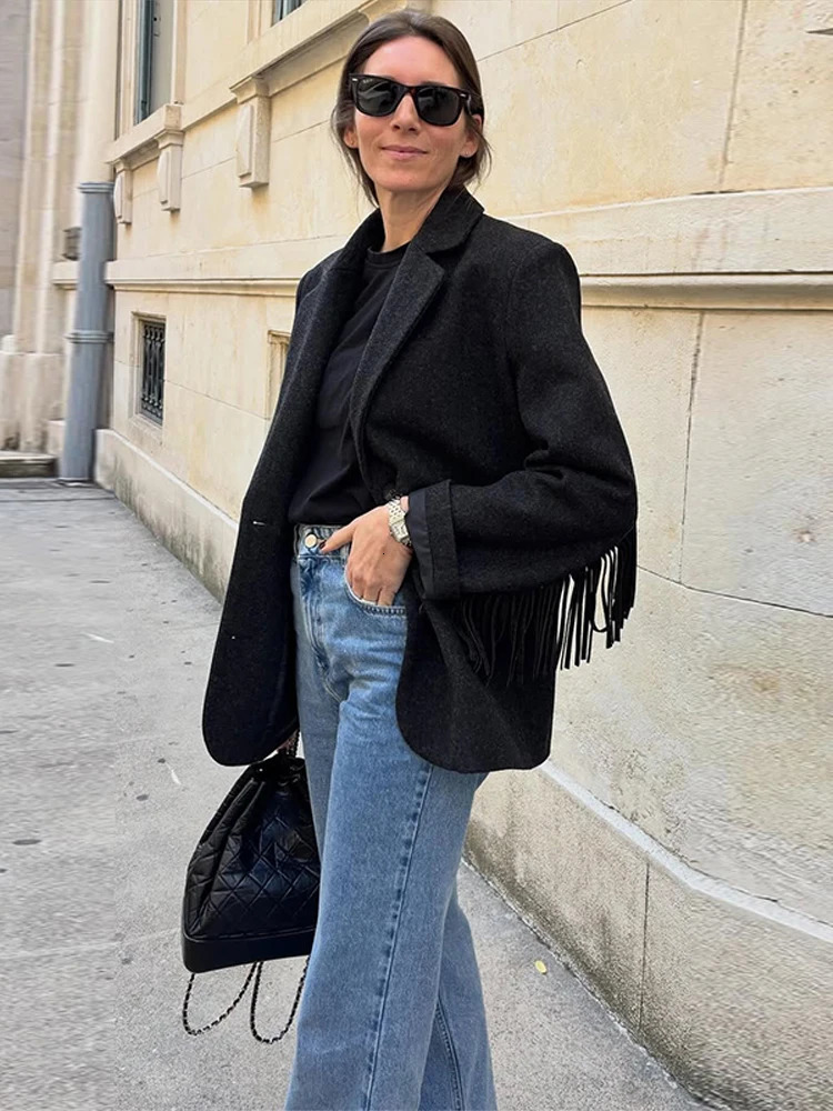 Chic Womens Blazer Turn down Collar Full Sleeve Tassel Solid Female Blazers 2025 Autumn Elegant Fashion High Street Lady Coat 251227