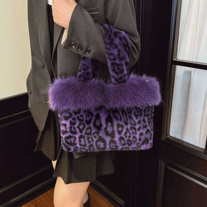 Purple Fur Women's Small Bucket Luxury Warm Plush Shoulder For Women Fashion Leopard Furry Clutch Bag Ladies Phone Purse Xiu Lai Si