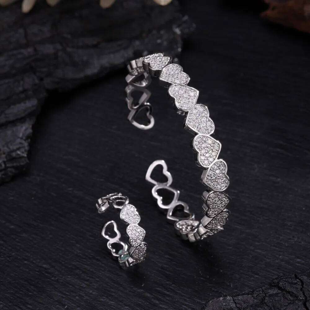 ZAKOL Luxury Buling Zirconia Heart-Shaped Open Bracelet Ring for Women Men Exquisite Hip-hop Rock Jewelry Couple Gift