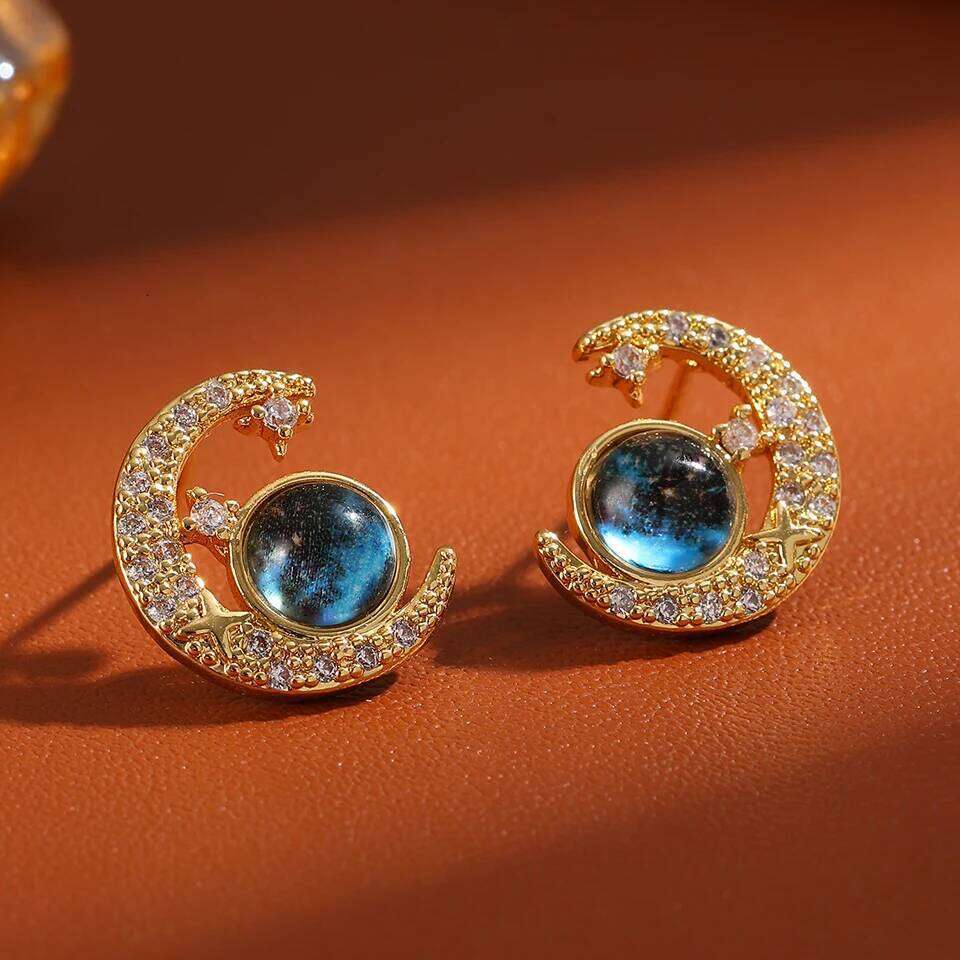 ZAKOL New Blue Planet Moon Astronaut Cubic Zirconia Stud Earrings for Women Fashion Party Jewelry Ear Accessories Gift