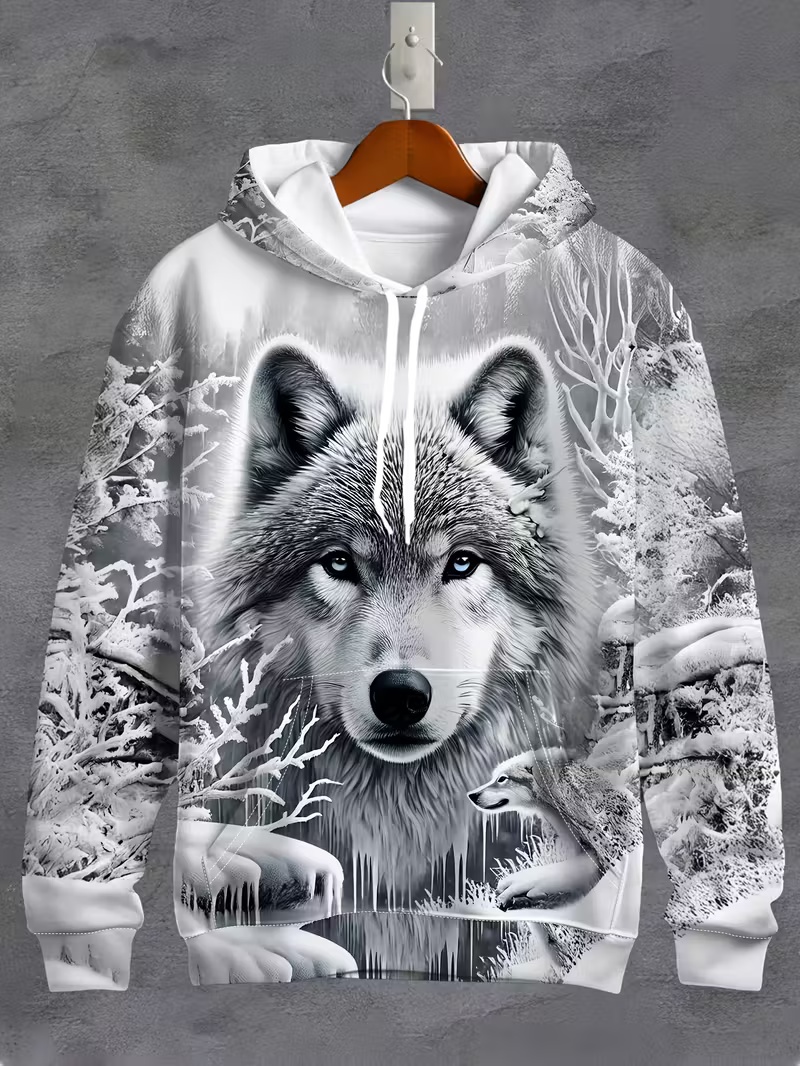Fall/Winter Men's Hooded Sweatshirt 3D Snow Wolf Print Black & White Trendy Oversized Pullover Unique Animal Pattern Casual Hoodie