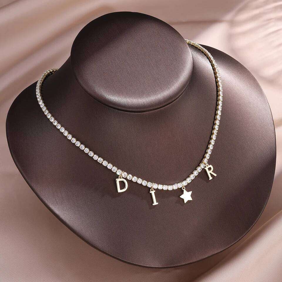 ZAKOL Luxury Shiny AAA Zircon Letter Star Charm Necklace for Women Exquisite Party Wedding Choker Neck Accessories