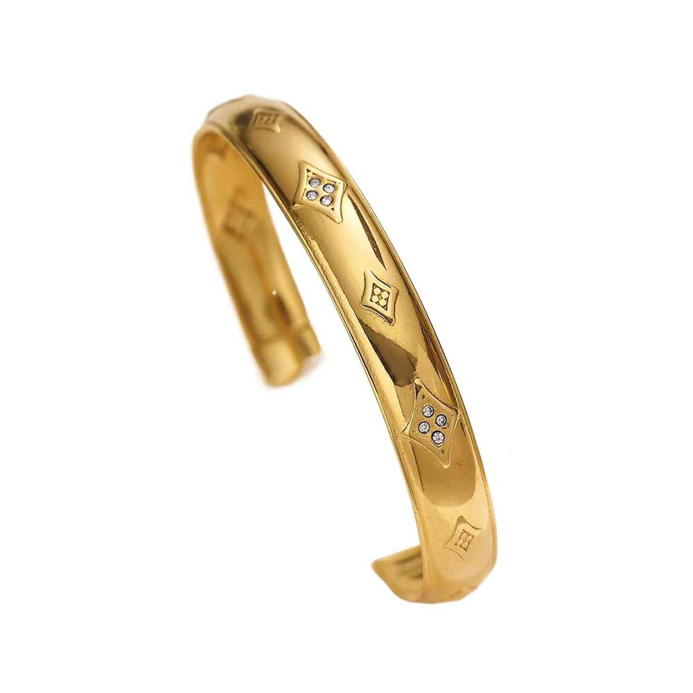 European and American Retro Fashion Titanium Steel Diamond Pattern Inlaid Zircon Adjustable Open Bracelet 18K Gold Plated Elegant Versatile Jewelry