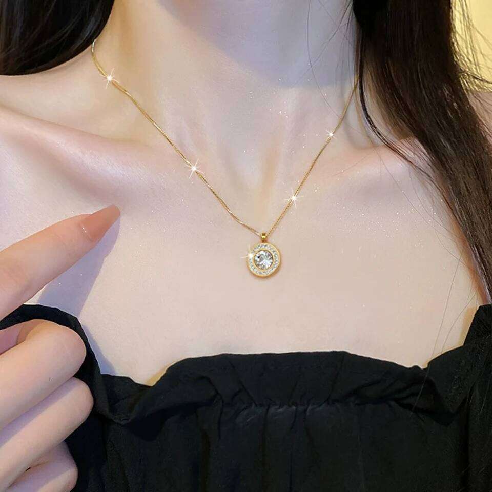 ZAKOL Shiny Crystal Zircon Round Pendant Necklace Earrings for Women Exquisite Stainless Steel Chain 2 Pcs Jewelry Set