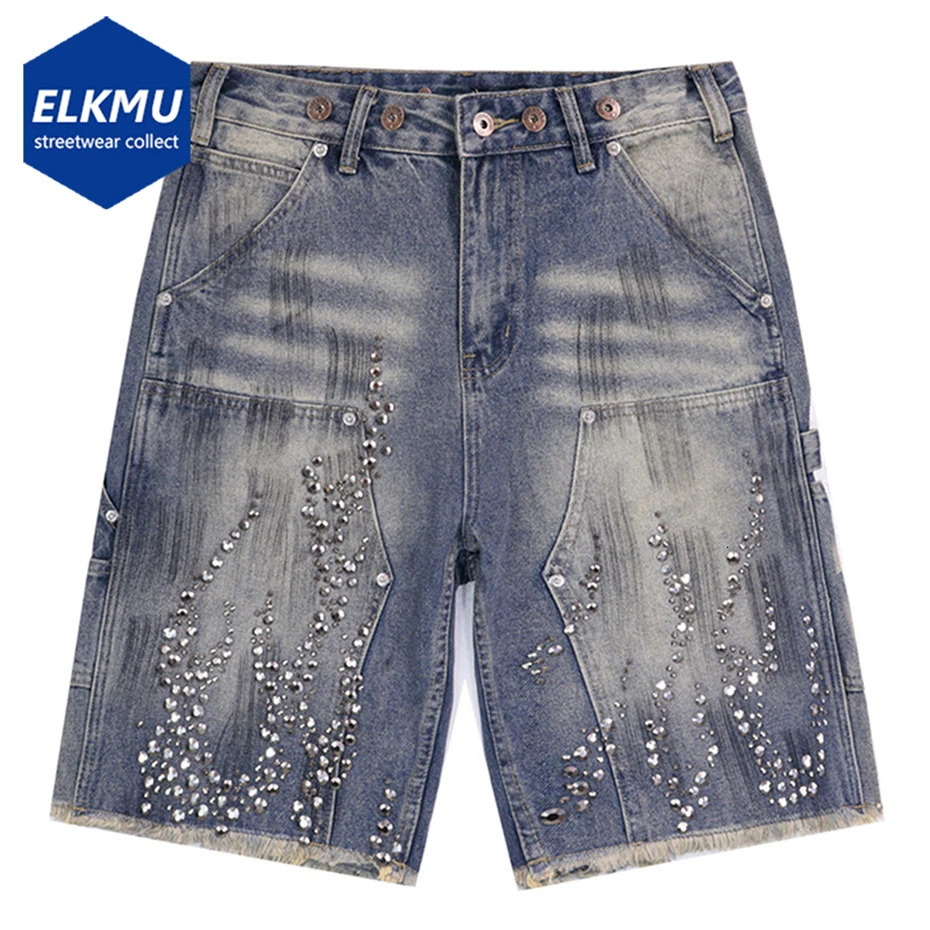 Fire Diamond Denim Shorts Vintage Rhinestone Graphic Short Jeans Men Streetwear Harajuku Hip Hop Shorts 251223