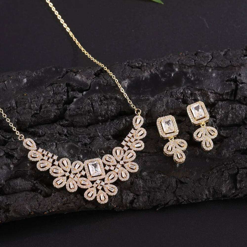 ZAKOL Classic Geometric Water Drop Full Big Zircon Earrings Necklace Set for Women Luxury Sparkling Bridal Wedding Jewelry