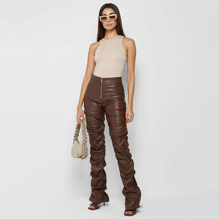 Womens Fashion Tight PU Leather Pants Unique Folded Flared Pants for Women All Seasons Style CX200804