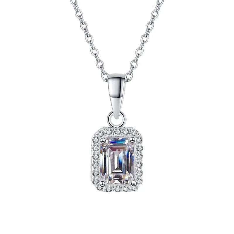 18K Gold Inlaid Pendant, Women's Rectangular Emerald D-color Moissanite PT950 Platinum Necklace, Redion Cut Diamond d66