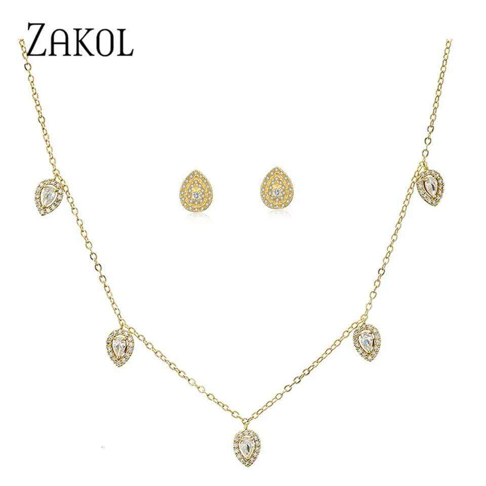 ZAKOL Water Drop Cubic Zirconia Pendant Choker Jewelry Sets for Women Girl Ins Trendy Gold Color Stud Earring Necklace Set Gift