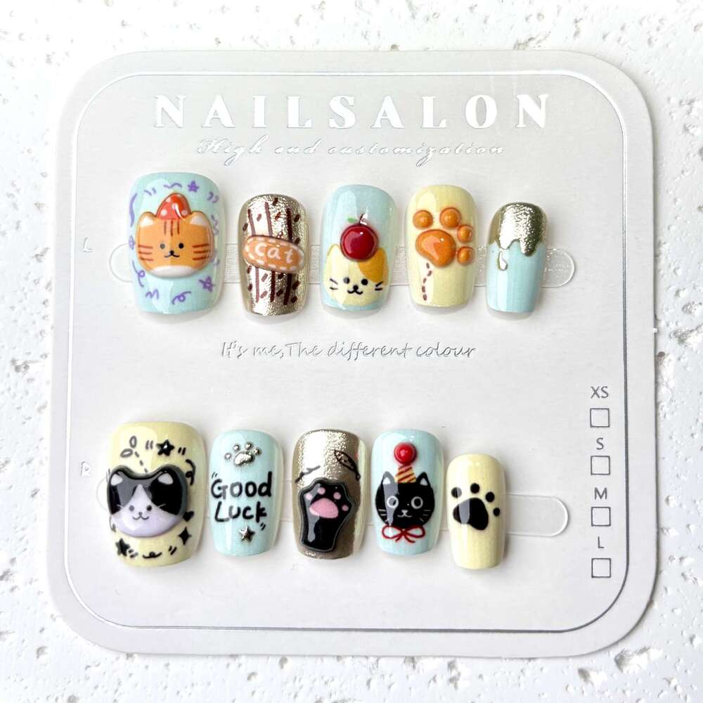 3D Cute Cat Wearable Gold Foil Cartoon Fun Nail Art Stickers Xiaohongshu Hot Item 30 Pieces