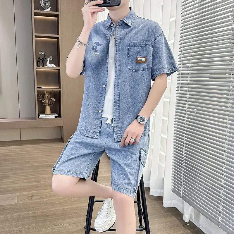 Summer Mens Thin Denim Short-sleeved Shirt Suit Trendy Loose Casual Shorts Two-piece Set 251225