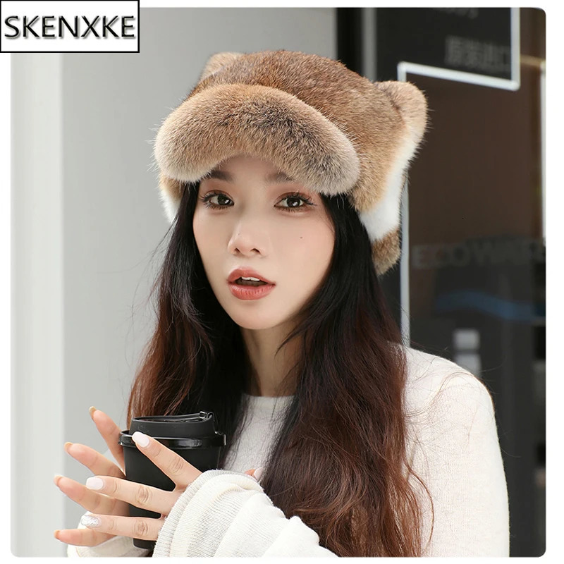 Style Women Rabbit Fur Cap Brim Cute Ears Hat Girls Winter Warm Real Natural Rabbit Fur Thick Warm Hats 251225