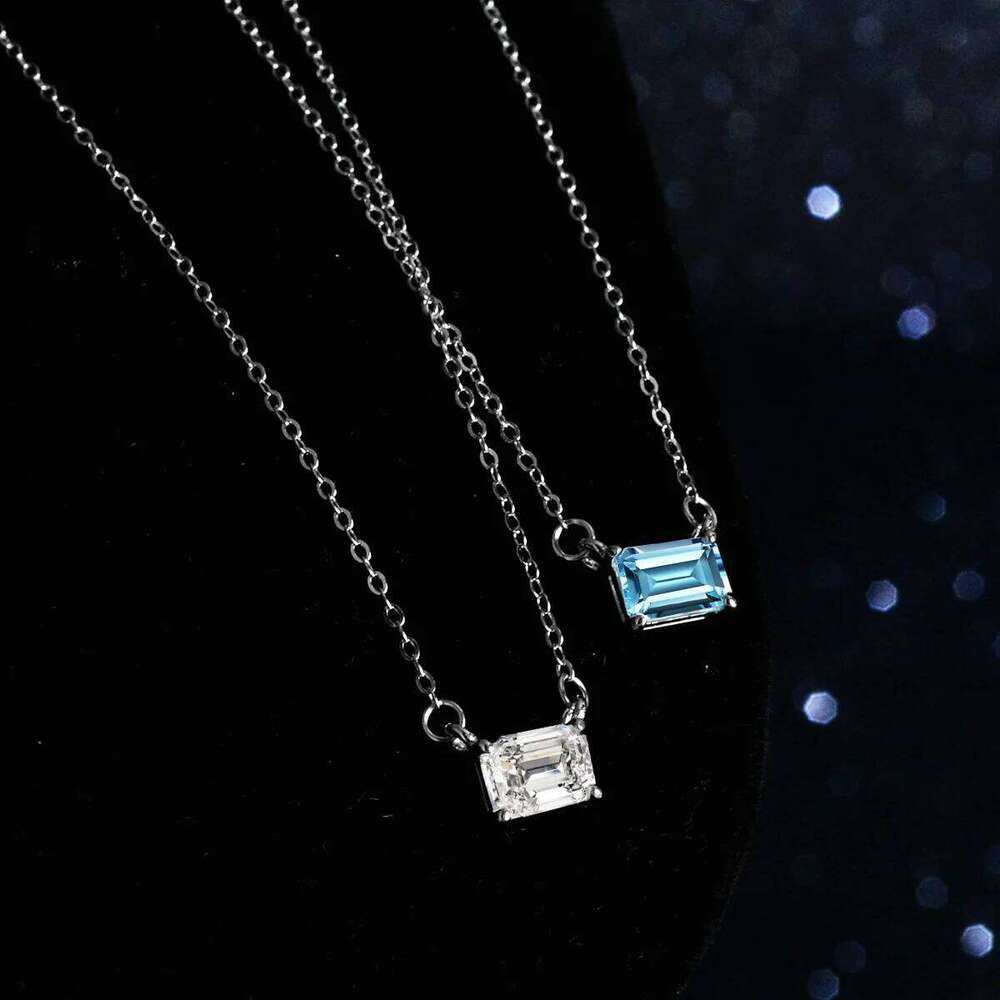 Natural blue topaz 18K gold necklace pendant for women one Ct geometric rectangular moissanite PT950 platinum clavicle chain 527