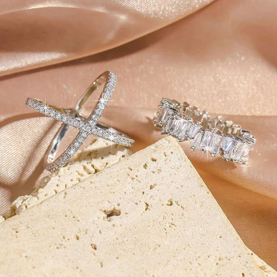 ZAKOL Shiny Cubic Zirconia Engagement Wedding Rings for Women 2Pcs/Set Exquisite Couple Ring Hypoallergenic Jewelry Gift