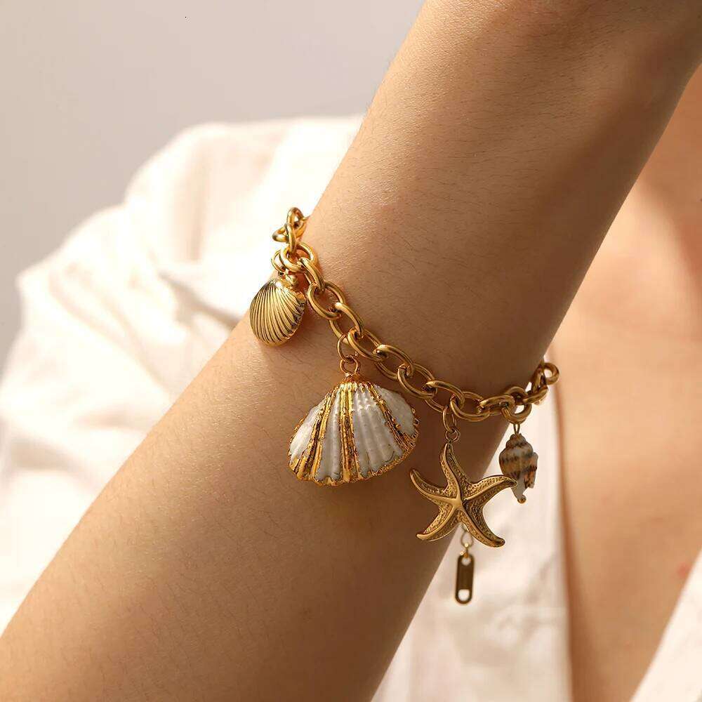 DIEYURO 316L Stainless Steel Golden Shell Starfish Scallop Conch Pendant Bracelet For Women New Waterproof Wrist Chain Jewelry 25H1229