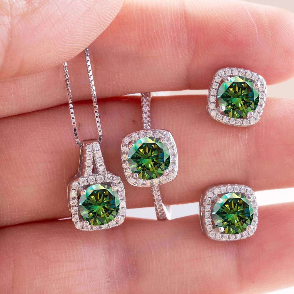 Women's Round Cut D Color Moissanite Set Real 925 Silver Pendant Necklace and Stud Earrings female dating fine Jewelry 52c
