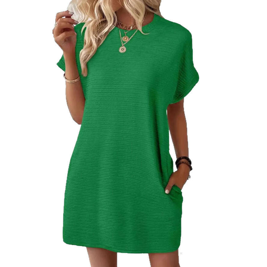 Dress for women European and American Loose Round Neck Pocket Dress, 2026 Summer New Solid Color Short Sleeve Beach Cover-Up