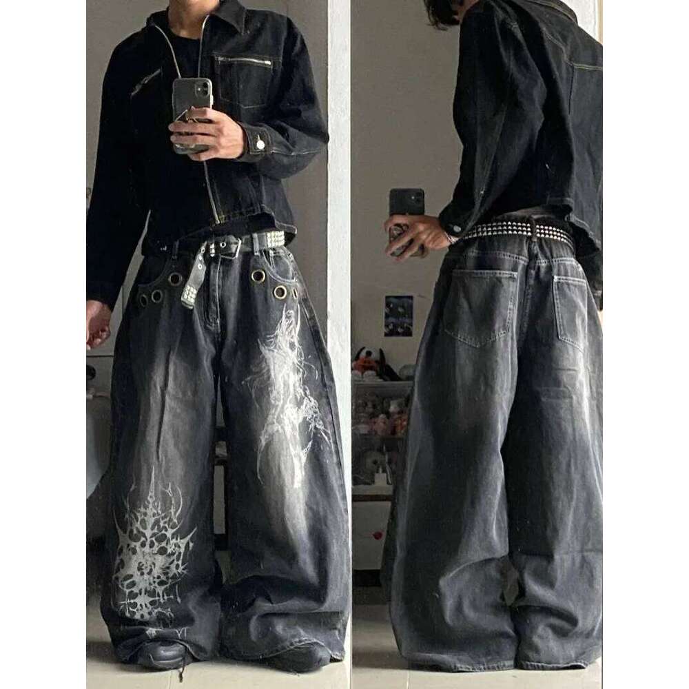 American New Fashion Oversized Pattern Printed Washed Jeans Men Y2K Gothic Rock Popular Casual Joker High Waist Wide Leg Pants