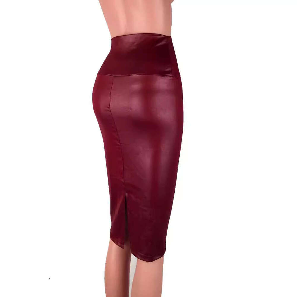 Women's Pencil Skirt Stretchy High Waist Leather Brown Midi with Side Split for Daily Office Leather Waist Knee-Length Bodycon Versatile High