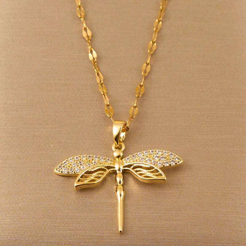 ZAKOL Trendy Gold Color Dragonfly Wings Necklaces For Women Stainless Steel Crystal Necklace Everyday Jewelry Gifts
