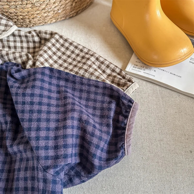 deer jonmi Spring Korean Style Baby Girls Plaid Blouses Peter Pan Collar Bat Sleeve Toddlers Kids Cotton Linen Blouses 251217