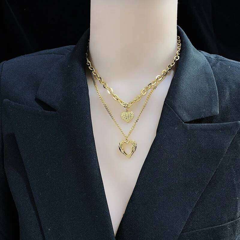 ZAKOL Stainless Steel Double Heart Pendant Necklace for Women Fashion Gold Color Stacked Waterproof Choker Jewelry Gift