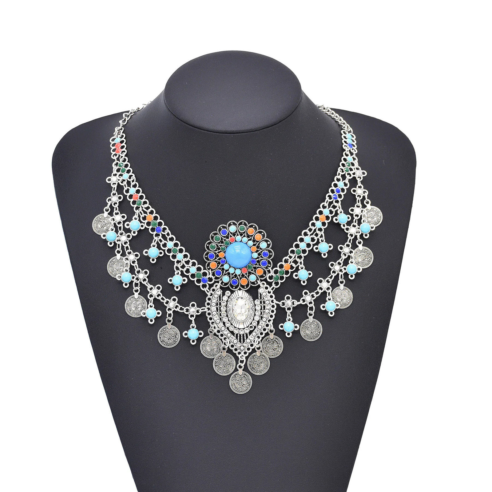 Vintage Golden Silvery Alloy Coin Pendant Necklace Bohemian Gypsy Ethnic Colorful Rhinestone Flower Necklaces Jewelry Accessorie 251224