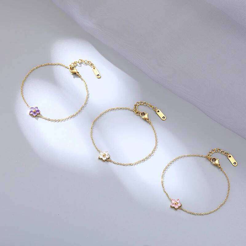 New Stainless Steel 16K Gold Plated Colorful Cubic Zirconia Flower for Women Girls Waterproof Dainty Bracelet Jewelry 25H1229