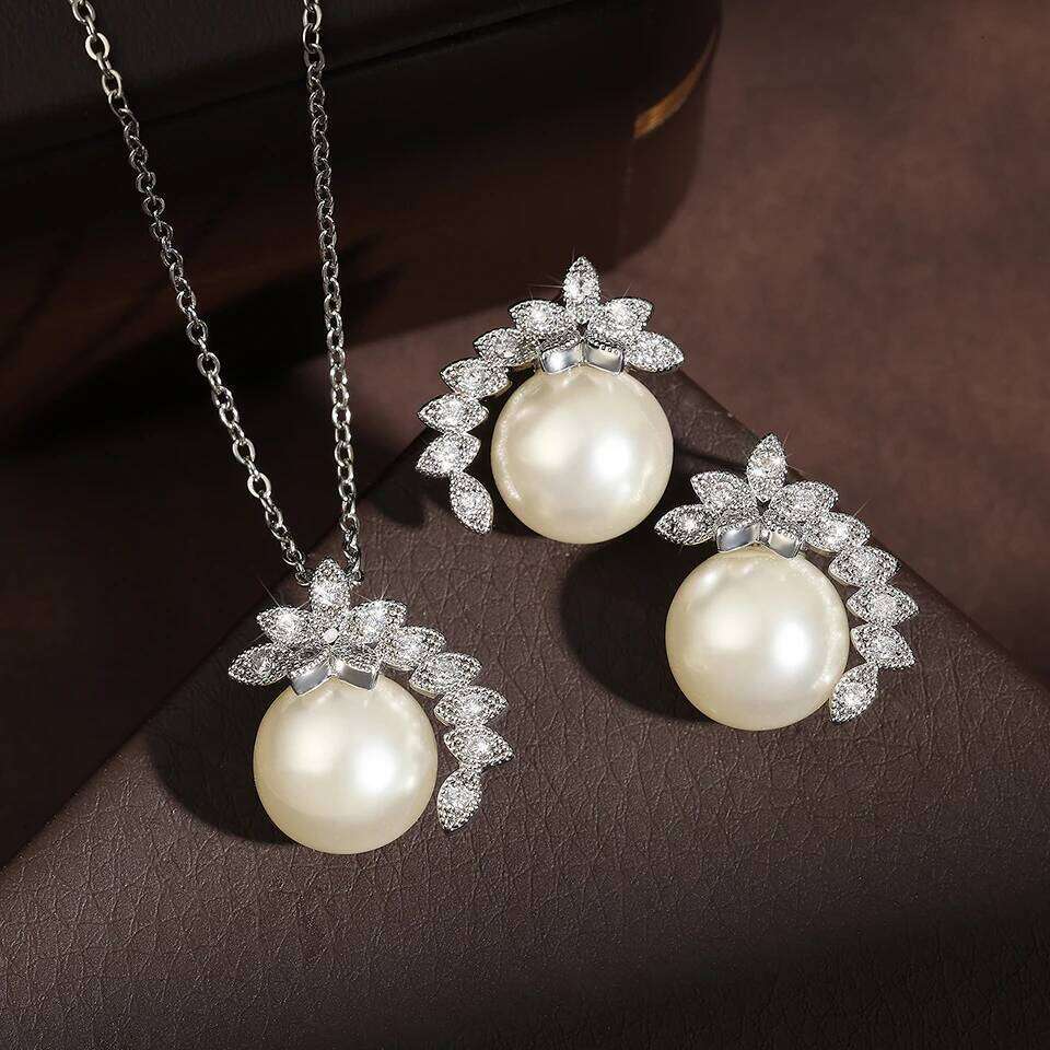 Trendy Round Imitation Pearl Stud Earrings Necklace Set for Women Simple Sliver Color Cubic Zircon Wedding Party Jewelry Sets