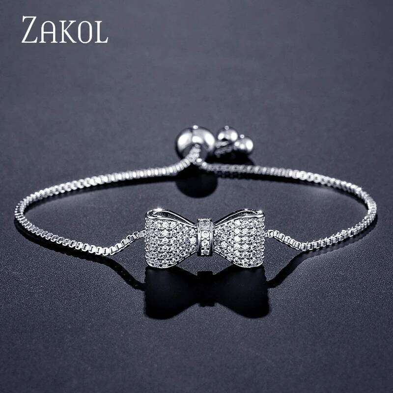 ZAKOL Fashion Bow Zirconia Crystal Adjustable Bracelet & Bangle for Women Brilliant CZ Party Jewelry