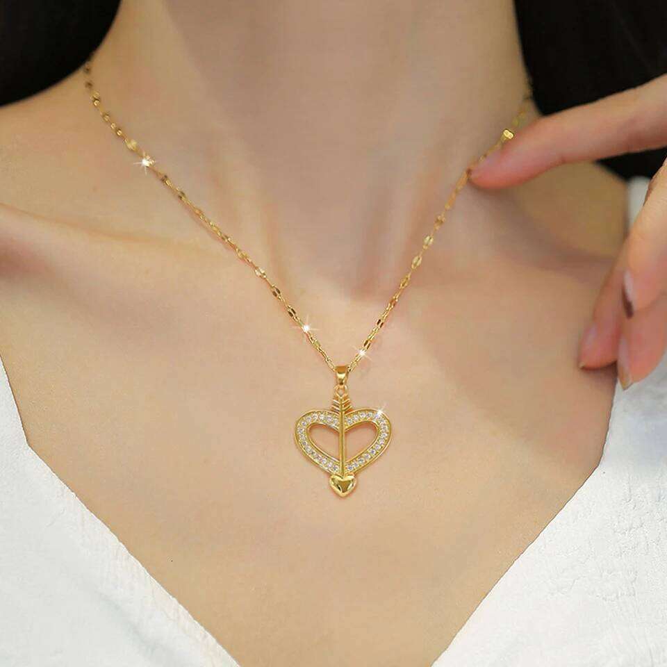 ZAKOL Fashion One Arrow Pierces The Heart CZ Necklace for Women Golden Stainless Steel Clavicle Chain Collares