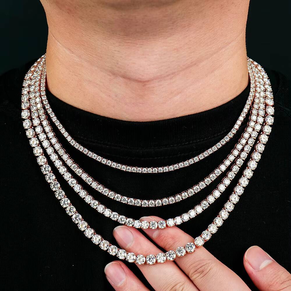 Hiphop Moissanite Tennis Chain Necklace Iced Out 3mm 4mm 5mm 6mm 925 Sterling Silver Rose Gold Color Bling Rapper Necklace