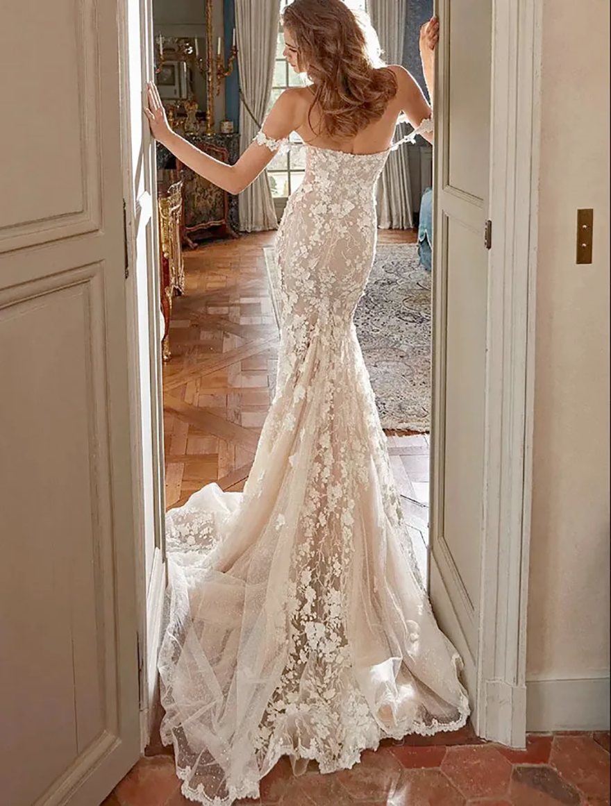 Champagne Mermaid Lace Sweetheart Wedding Gown For Bride Charming Dubai Arabic Dress BC0612