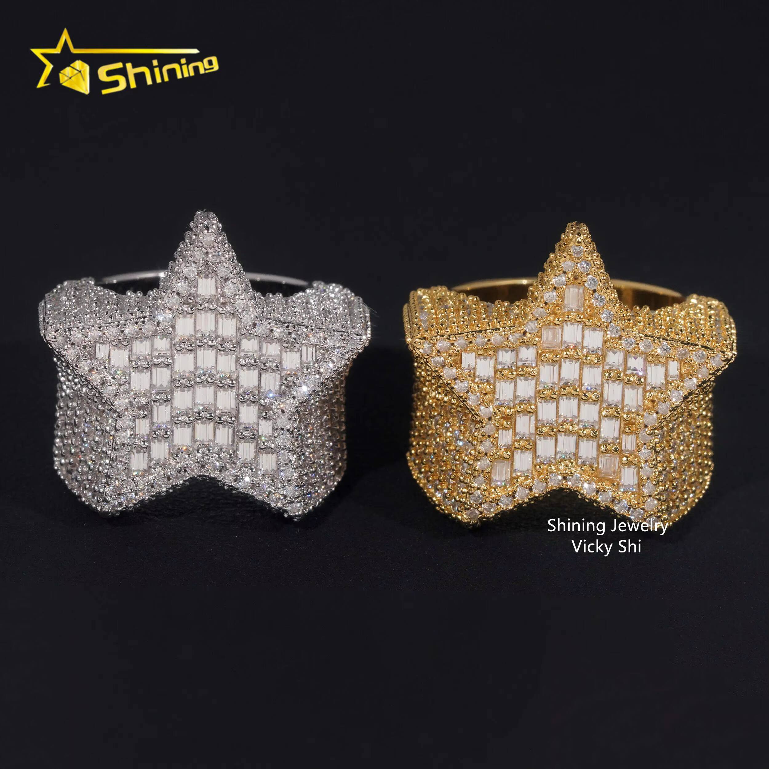 New Arrival Moissanite Hip Hop Men Ring Sterling Silver 925 Gold Plated Iced Out Baguette Moissanite Star Ring