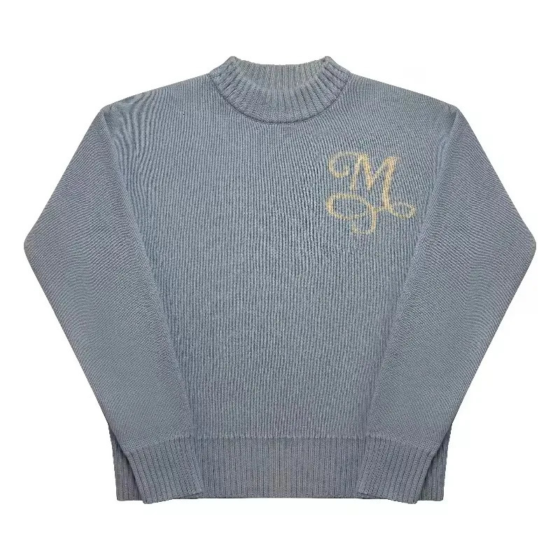 Y2K Sky Blue Long Sleeve Sweater Signature M Symbol Pattern Sweater Trendy Vintage Autumn Winter Unisex Oversized Clothing 251226