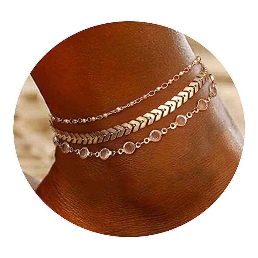 Cross-Border Fashion Layered Set, Unique Niche Bead Inlaid Three-Piece Anklet Jewelry for Women