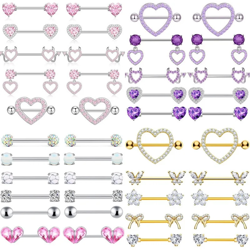 Fashion Stainless Steel Pink Heart Moon Nipple Piercing Set Crystal Sexy Nipple Ring Body Jewelry Perforacin Del Pezn 251224