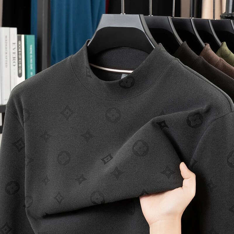 Autumn Winter New Men's Half Turtleneck De Velvet Sweatshirt Non-Iron Korean Version Printed T-Shirt Brushed Long Sleeve Top Base Shirt