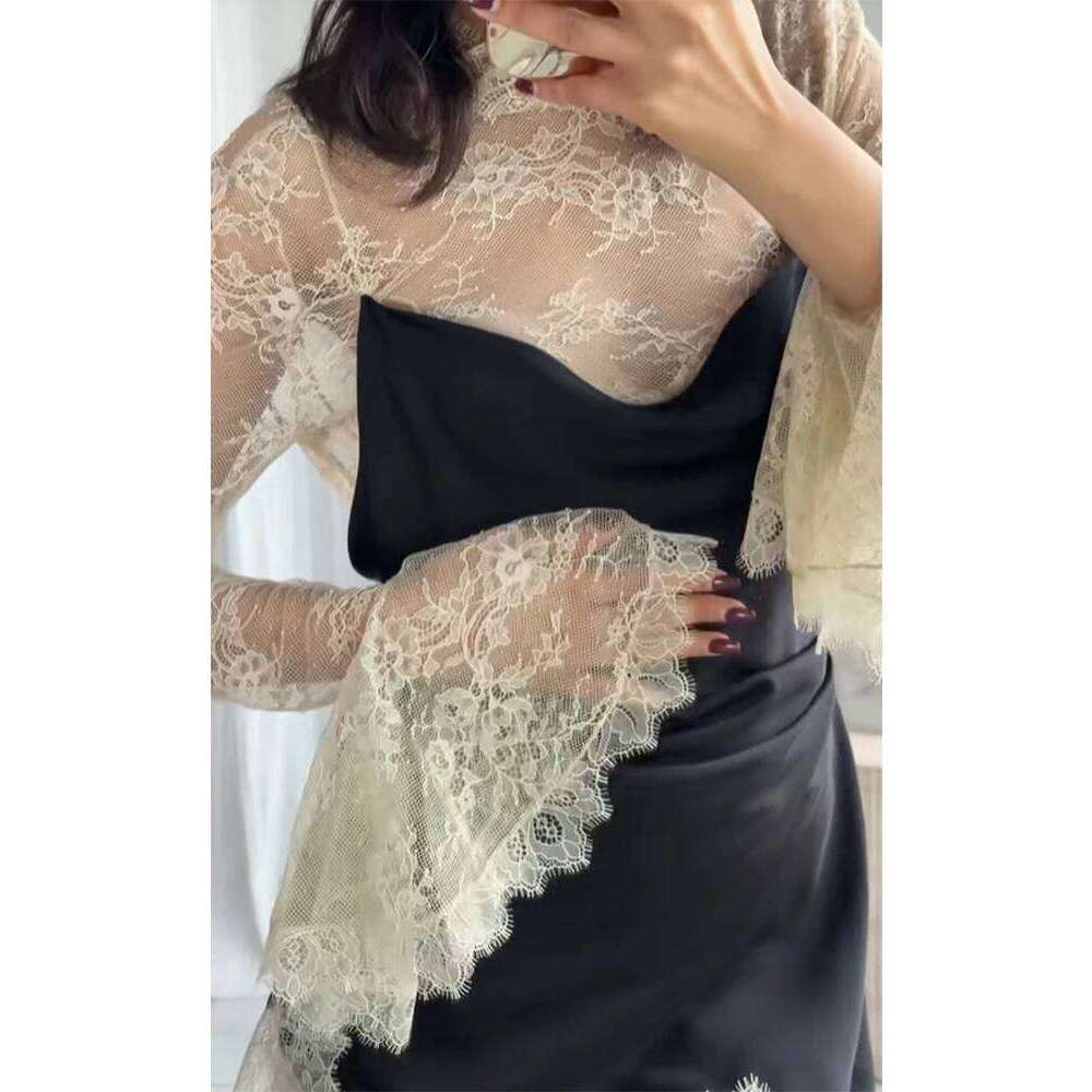 Sexy Lace Patchwork Mini Dress Lady Elegant Full Flared Sleeve Waist Cinching See Through Short Dresses Women Club Party Gowns