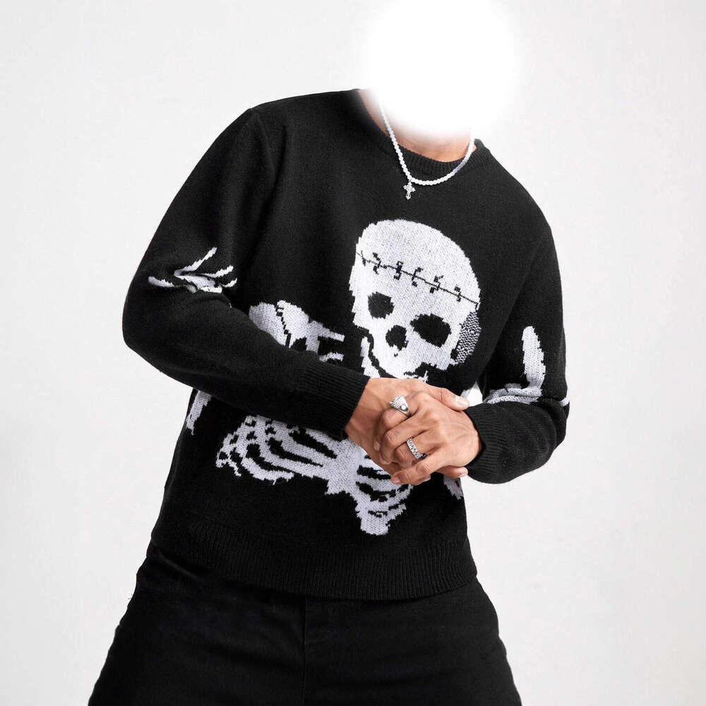 Autumn Winter Vintage Y2K Round Neck Skull Jacquard Unisex Loose Knitted Pullover Sweater Ins