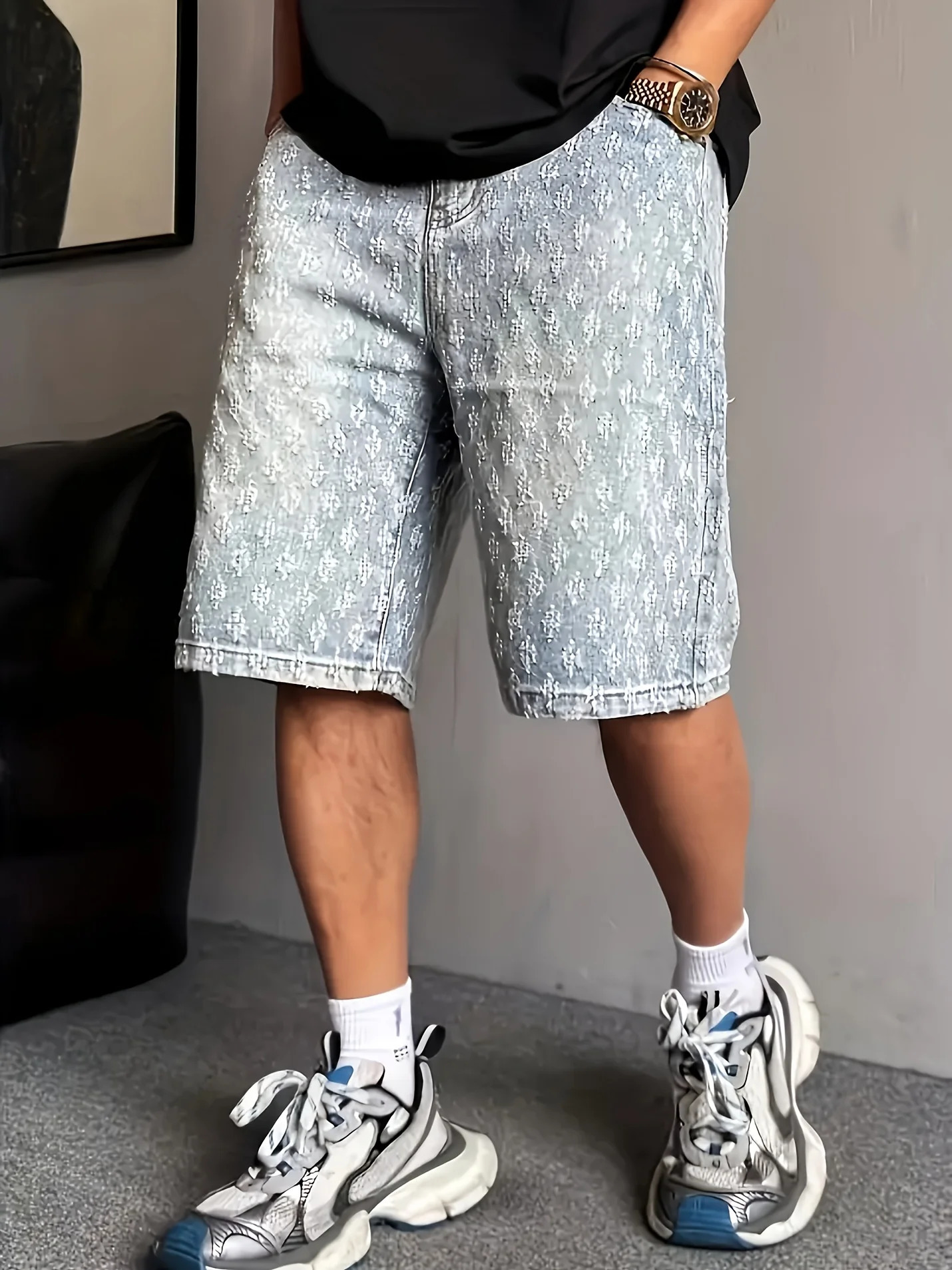 High Street Trendy Ripped Denim Shorts for Men Plus Size American Style Loose Straight-Leg Washed Denim Shorts for Summer 251223