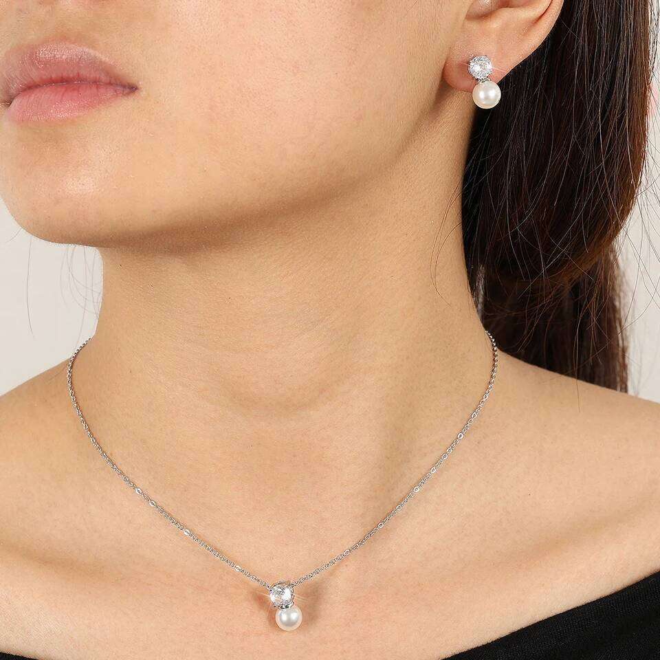 Trendy Round Imitation Pearl Stud Earrings Necklace Set for Women Simple Sliver Color Cubic Zircon Wedding Party Jewelry Sets