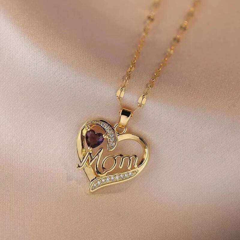 ZAKOL New Stainless Steel Chain Heart Pendant Necklace Shiny Zircon MOM Letters Design Luxury Mother's Day Gift