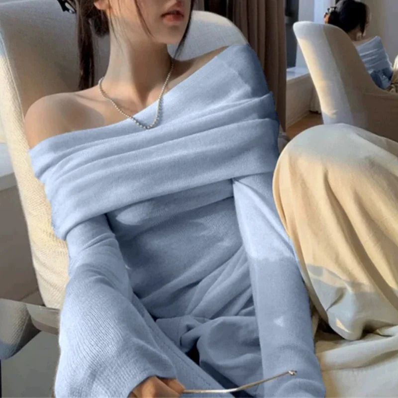 Autumn Winter Off Shoulder Knitted Shirt Women Pullover Sweaters Female Long Sleeve Elastic Skinny Slim Knit Shirts Tops 251216